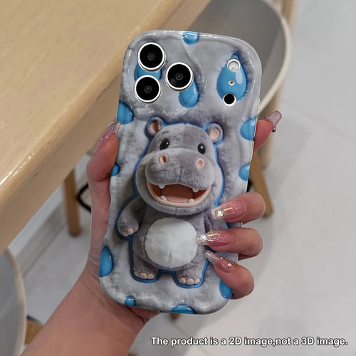 2D Cute Gray Hippo Pattern Phone Case For iPhone 18 17 Air 16 e 15 14 13 12 11 Pro Max Plus SE 2020 2022 Funda Coque