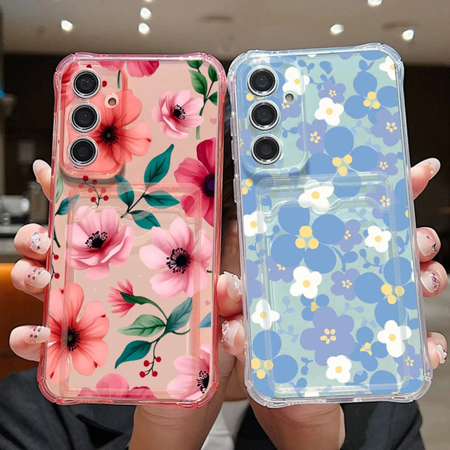 Coque fleurs roses et pensées bleues pour...